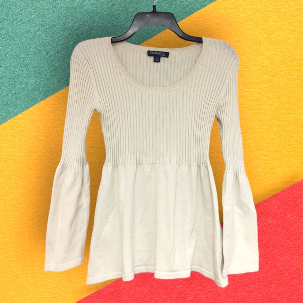 Chadwicks Cream Scoop Neck Ribbed Bell Sleeve Sweater